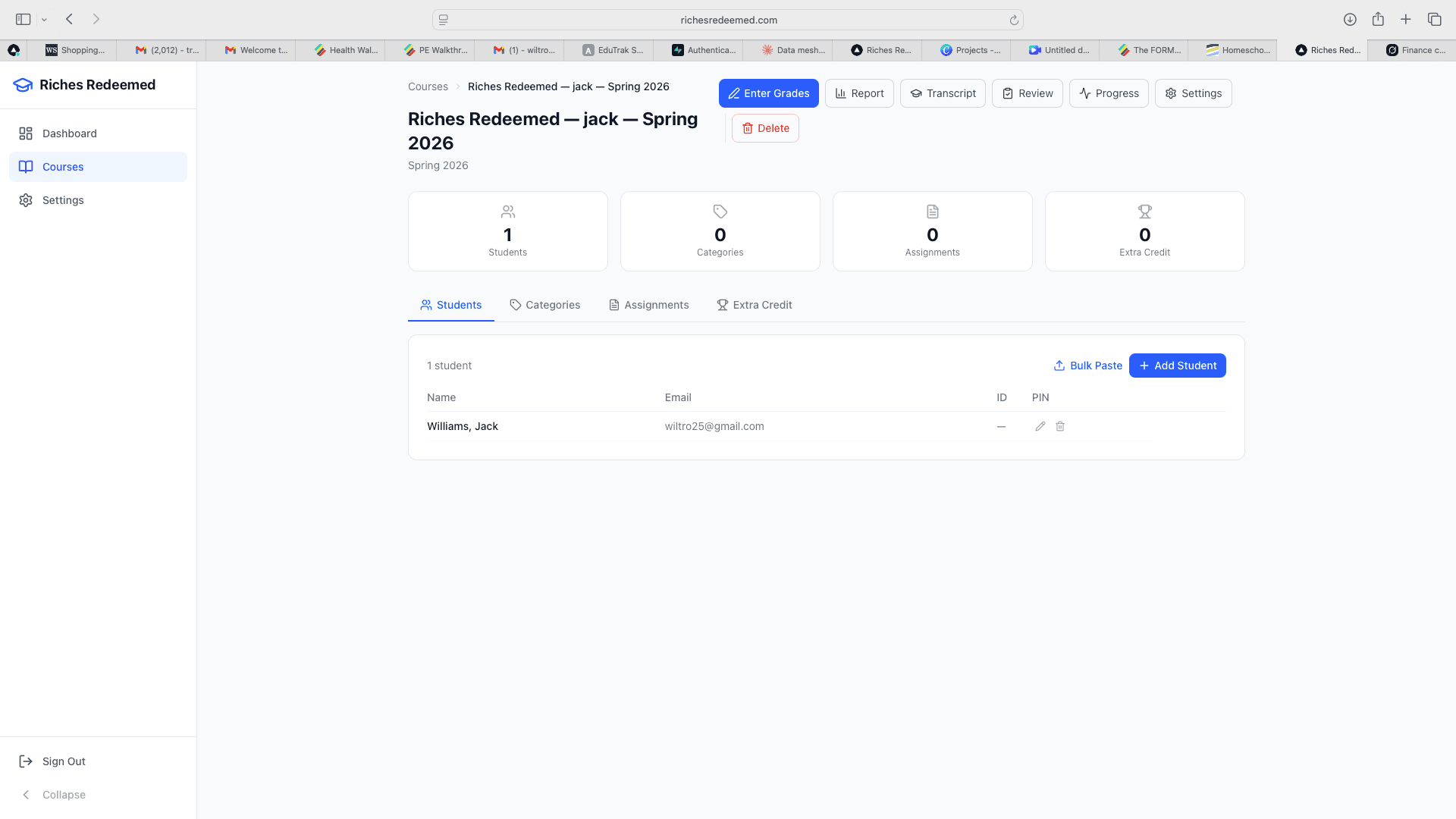 Riches Redeemed teacher dashboard showing course detail, student roster, and action buttons