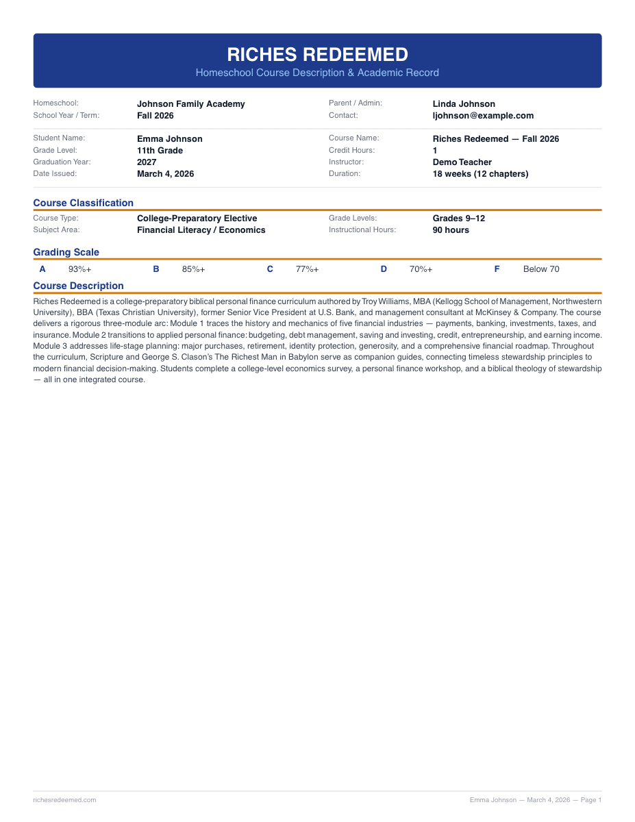 Sample Course Documentation PDF showing cover page with student info, grading scale, and course description